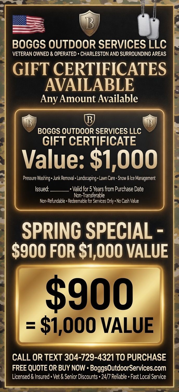 Promotional sign for Boggs Outdoor Services gift certificates: Spring special, $900 for $1,000 value.