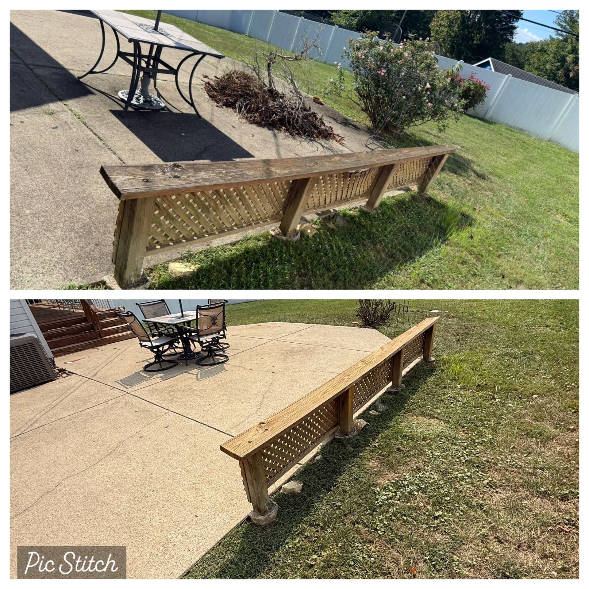 Two views of a wooden bench with lattice backing situated on the edge of a concrete patio in a grassy backyard.