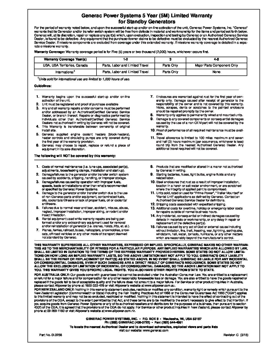 Generac Warranty - A white sheet of paper with a lot of text on it.