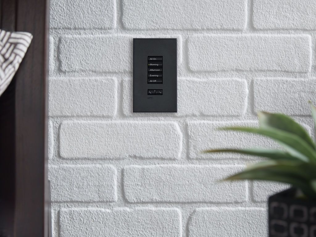 Residential Electrical Contractor - A black light switch is mounted on a white brick wall next to a plant.