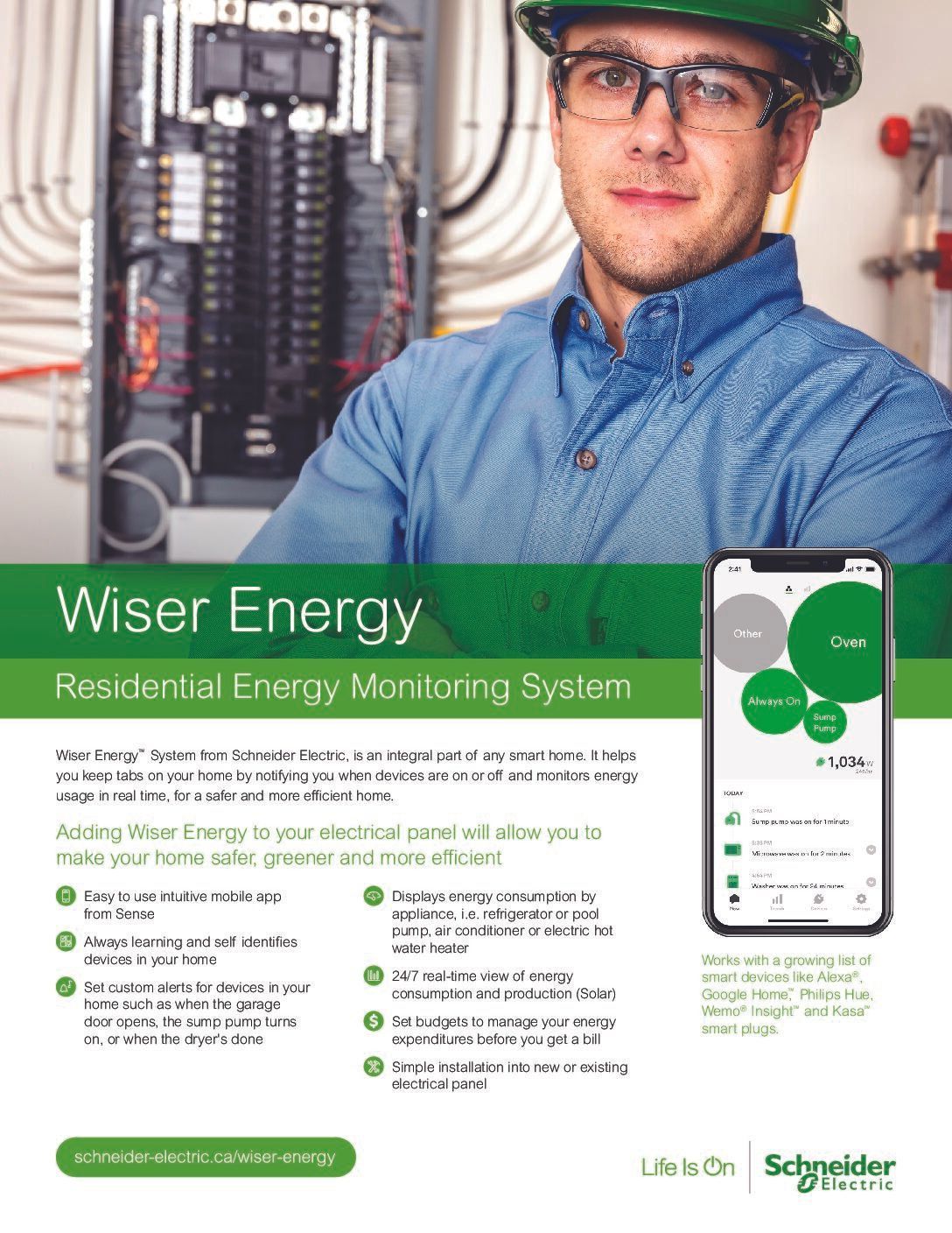 A man wearing a hard hat and glasses is standing in front of a residential energy monitoring system.