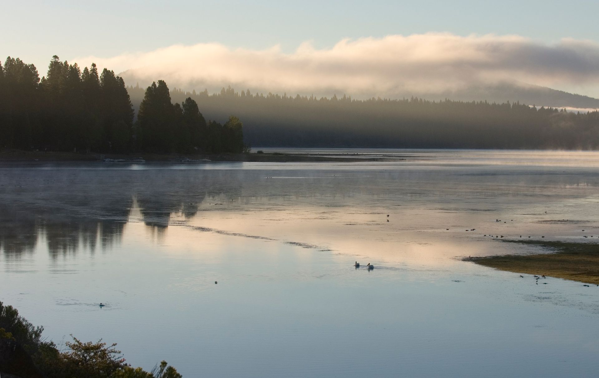 A lake with trees on the shore and mountains in the background