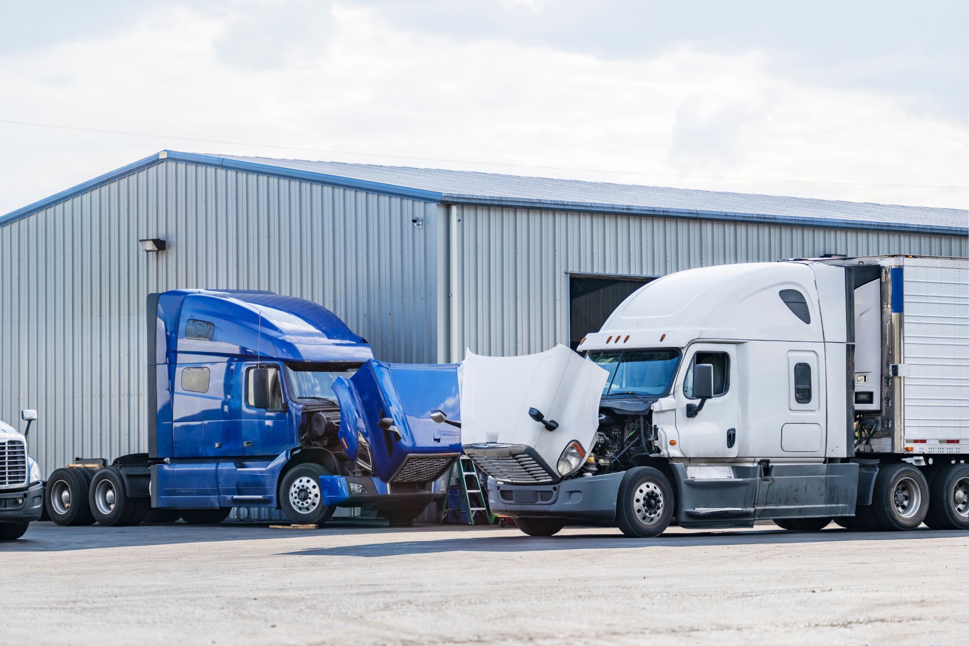 Semi-trucks with open hoods parked outside a building, likely a repair shop; blue and white trucks.