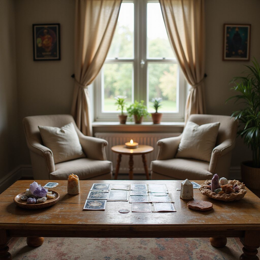 Tarot reading setup: wooden table with cards, crystals, candles, and armchairs by a window.