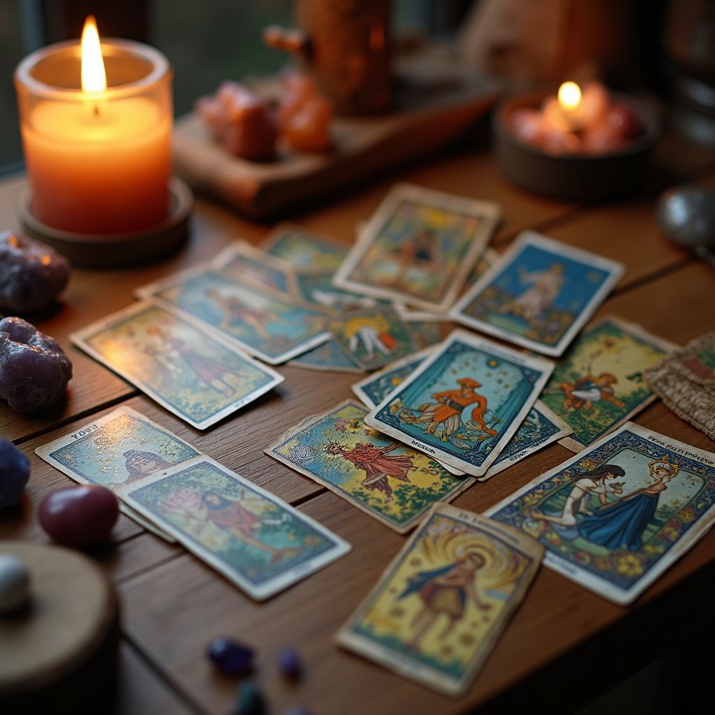 Tarot cards on a wooden table, lit by candles and crystals, suggesting a mystical reading.