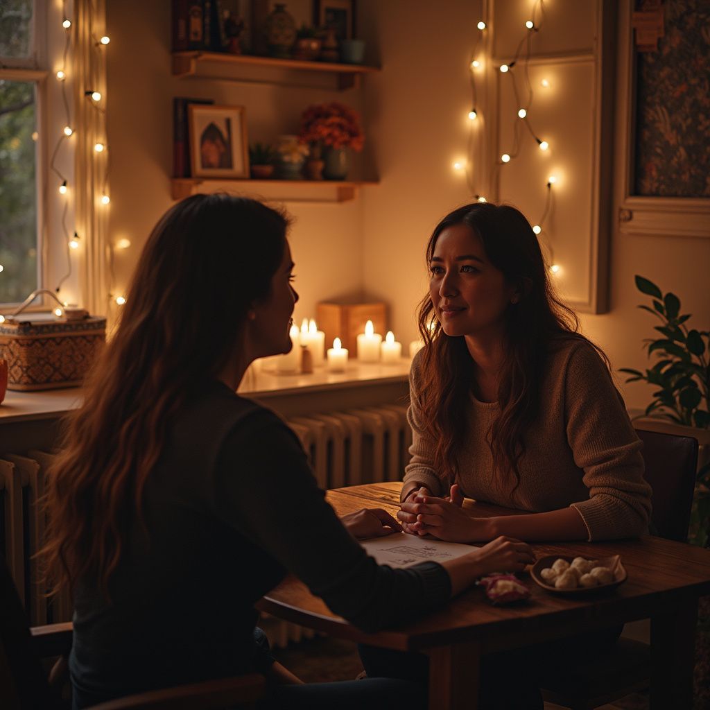 Two people at a candlelit table, conversing. String lights adorn the walls. Warm interior setting.