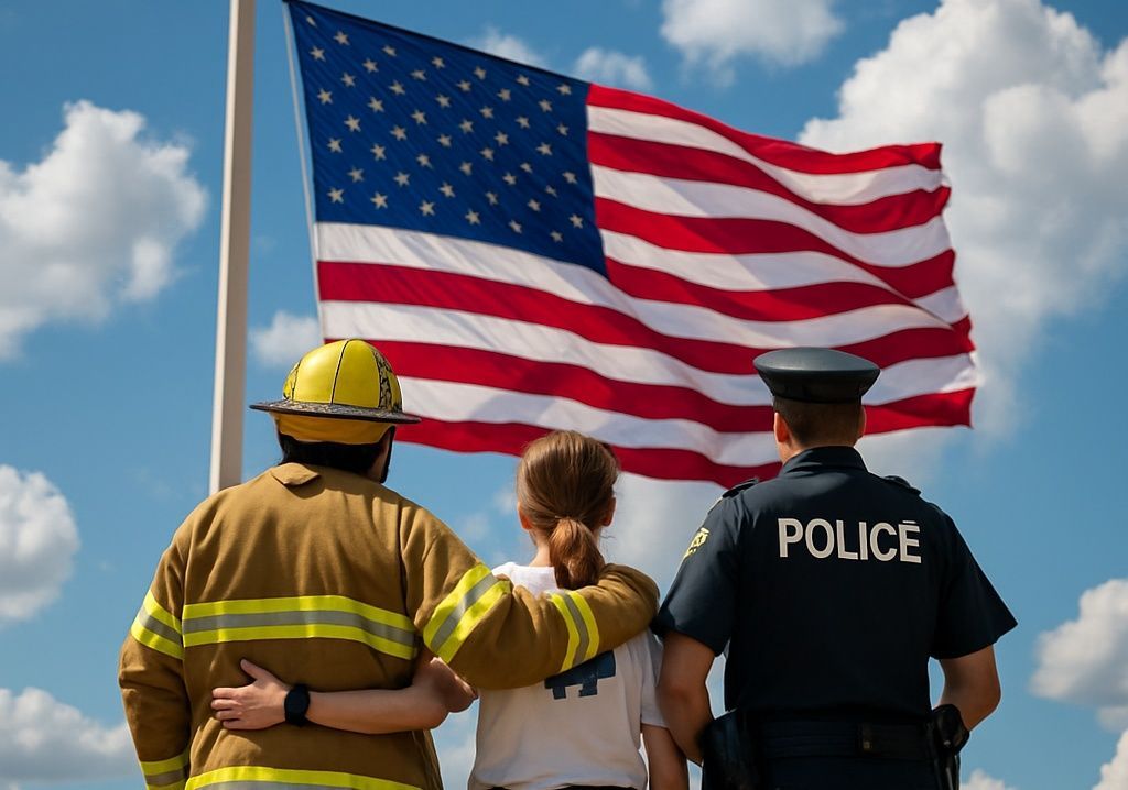 Firefighter, woman, and police officer arm-in-arm, looking at American flag against a blue sky.