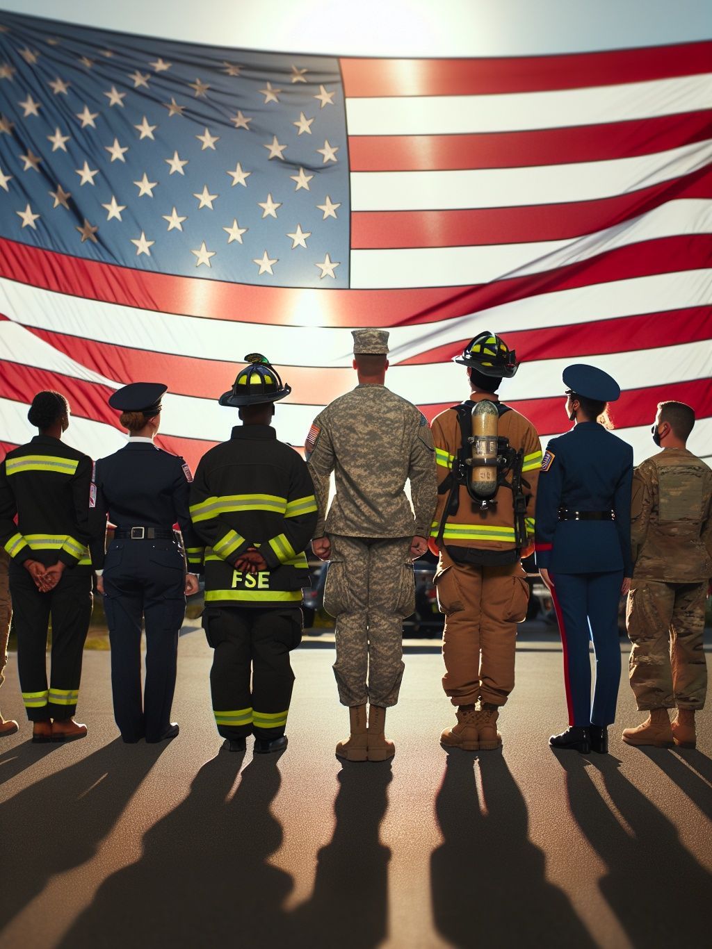 People in uniforms stand before an American flag.