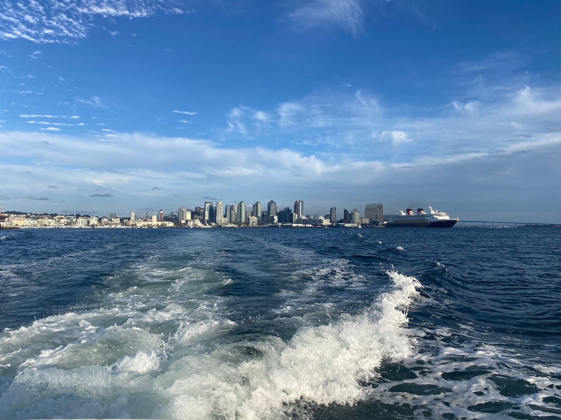 A view of the Seattle skyline from the water, with a wake trailing behind a boat and a large cruise ship nearby.
