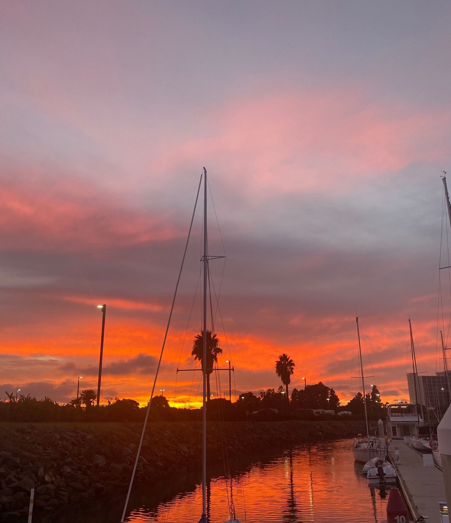 A vibrant orange and purple sunset over a marina, with boat masts silhouetted against the colorful sky.
