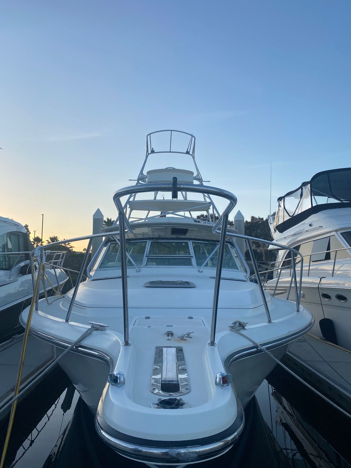 A white sport fishing boat docked in a marina at sunset, viewed from the front.