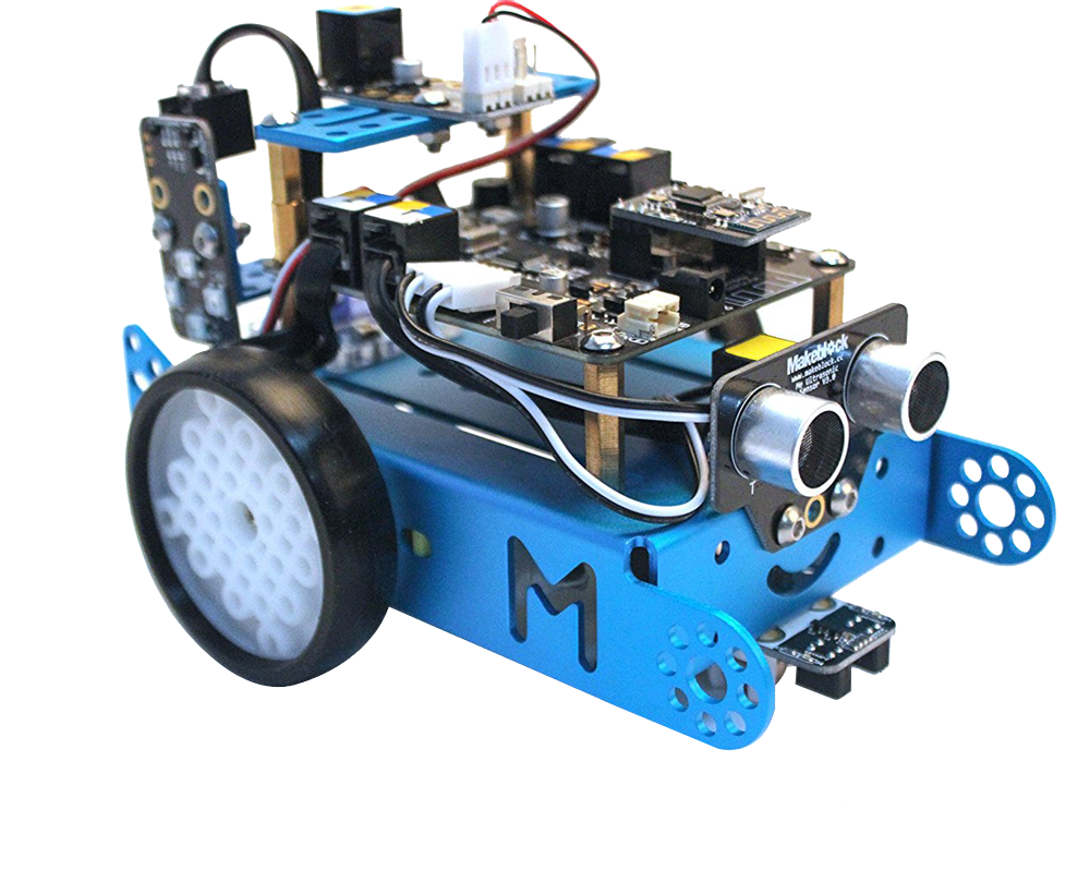 Blue robot with sensors and wheels, a maker project.