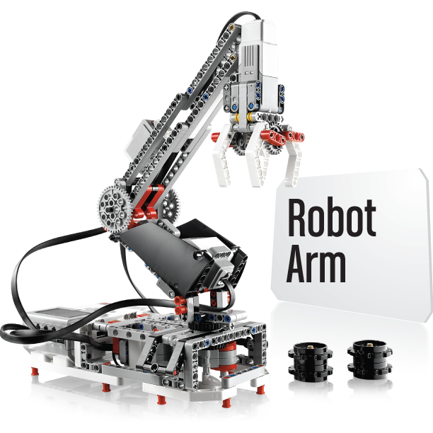 A Lego robot arm in grey and black holding a white sign that reads 