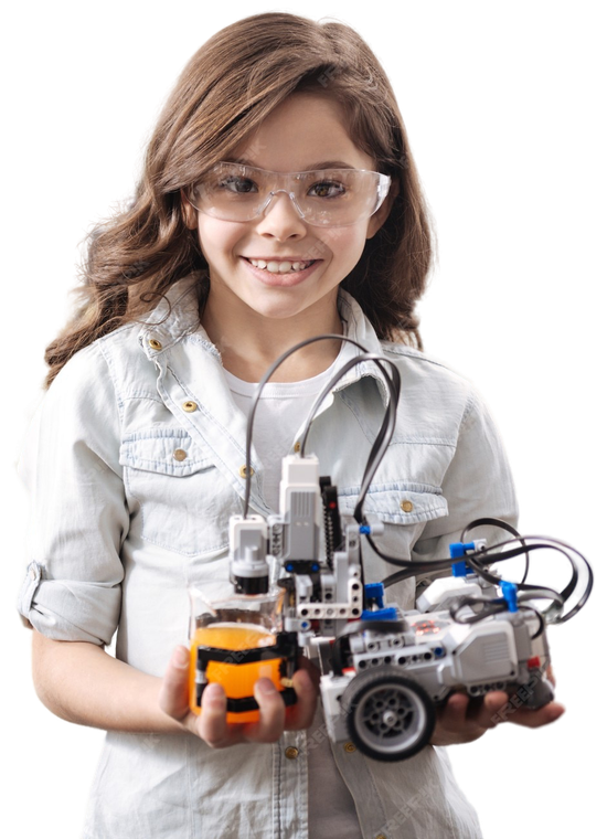 Girl wearing safety glasses, holding a robot she built, smiling at the camera.
