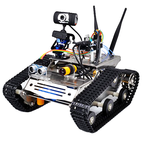 Robot tank with tracks, camera, and sensors on a metal platform.