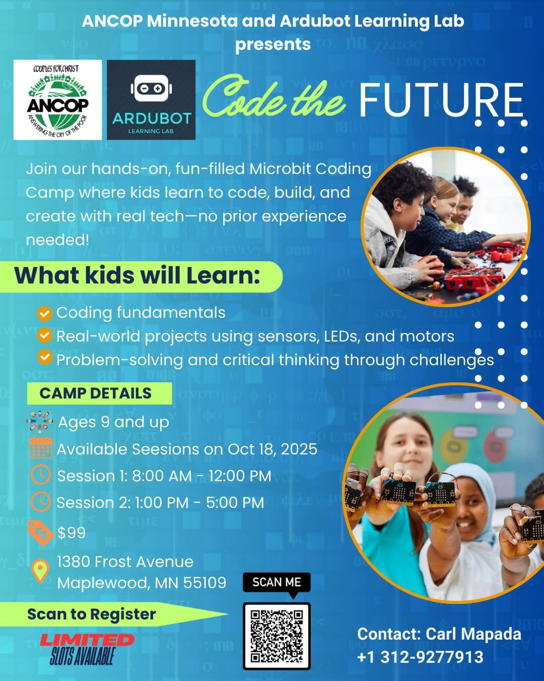 Coding camp flyer: Kids learn coding, build, and create with real tech. Ages 9+. October 18, 2025, in Maplewood, MN.