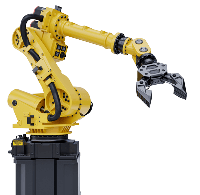 Yellow industrial robot arm with a gripper.