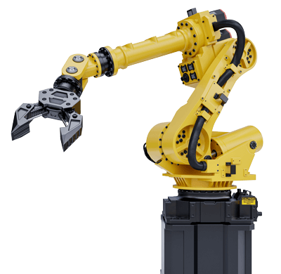 Yellow robotic arm with a gripper, used in industrial automation.