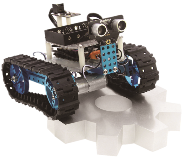 Blue and black tracked robot with an ultrasonic sensor, resting on a clear, gear-shaped platform.