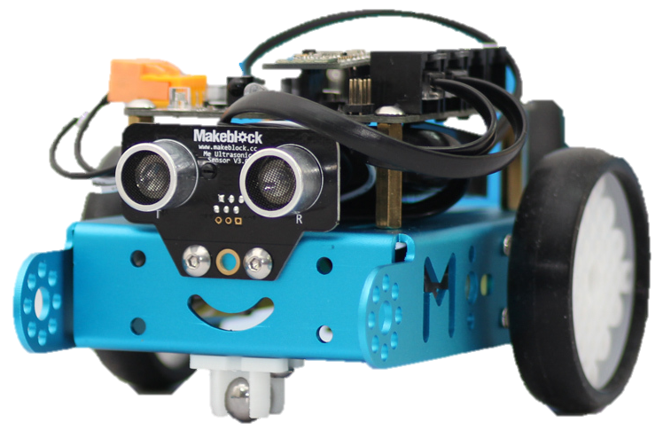 Blue Makeblock mBot robot with ultrasonic sensor, smiling face, two wheels.