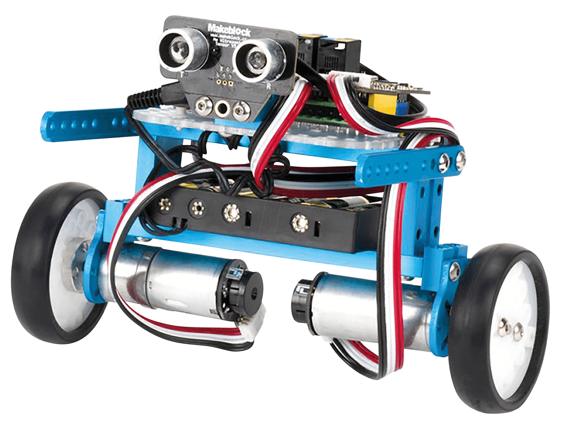 Blue and black robot on wheels with two sensors, cables, and two motors.