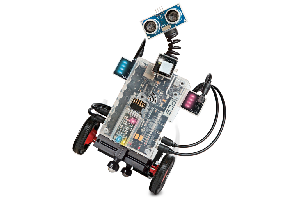 Robot with black, red, and blue components, including ultrasonic sensor, wheels, and a central circuit board.