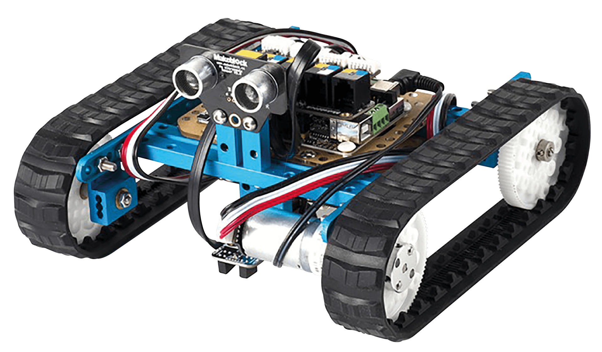 Blue tracked robot with ultrasonic sensor.