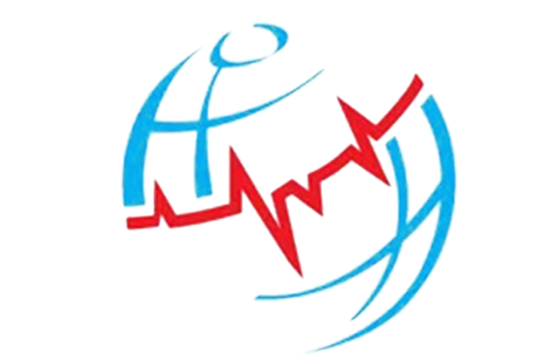 A blue and red logo with a heartbeat in the middle