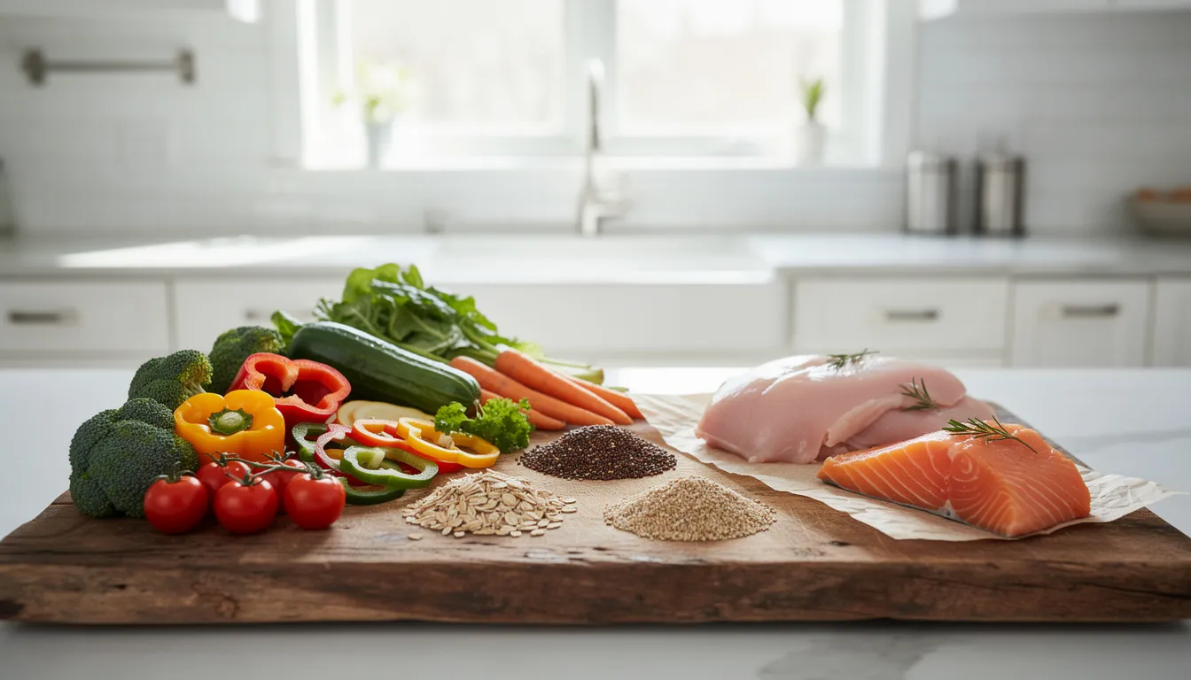 A wooden cutting board displays an assortment of fresh vegetables, lean proteins, and whole grains, all arranged in a bright kitchen setting. This colorful and nutritious spread highlights the importance of a balanced diet rich in essential nutrients for promoting wound healing and supporting a healthy lifestyle.