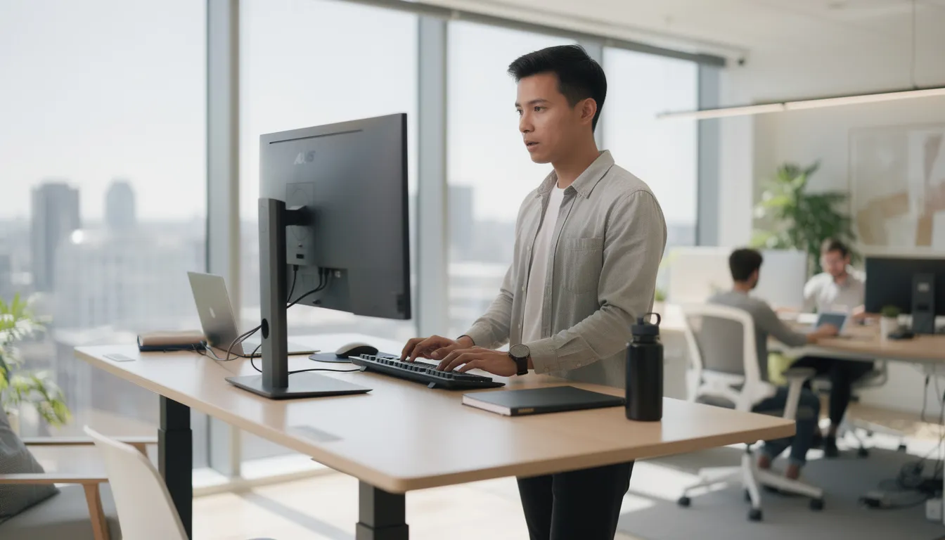 The image depicts a person working at a standing desk in a modern office setting, surrounded by plants and office supplies. This ergonomic arrangement promotes better posture and may help prevent issues like pilonidal disease associated with prolonged sitting.