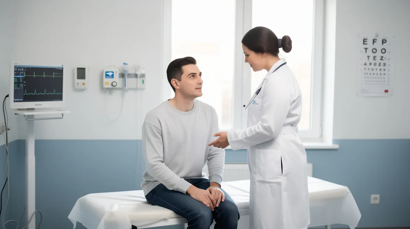 A medical professional is examining a patient in a clinical setting, focusing on the affected area near the buttock cleft, which may indicate symptoms of pilonidal disease or an abscess. The doctor is assessing for signs of skin inflammation, swelling, or pus-filled abscesses that could require treatment options such as antibiotics or surgery.