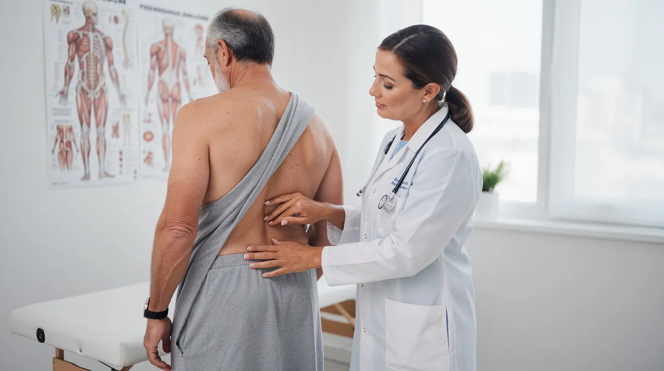A medical professional is conducting a clinical examination of a patient's lower back area, specifically assessing for signs of pilonidal disease, which may include inflammation or an abscess in the cleft of the buttocks. The doctor is focused on identifying symptoms such as swelling or redness that could indicate an infection or pilonidal cyst.