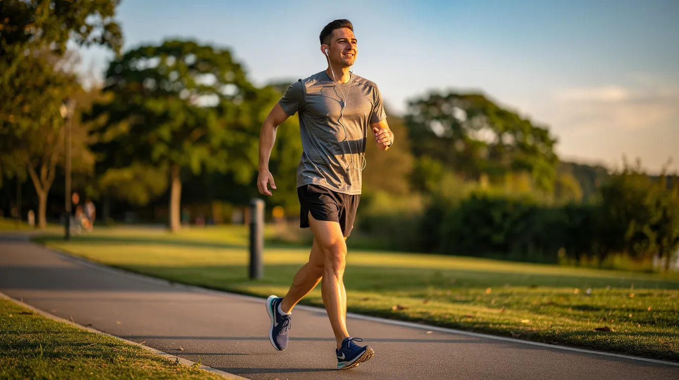 A person is walking outdoors, enjoying an active lifestyle, which is essential for overall health and can help prevent conditions like pilonidal disease. The scene captures the essence of movement and vitality, promoting well-being while highlighting the importance of medical care for chronic conditions that may arise.