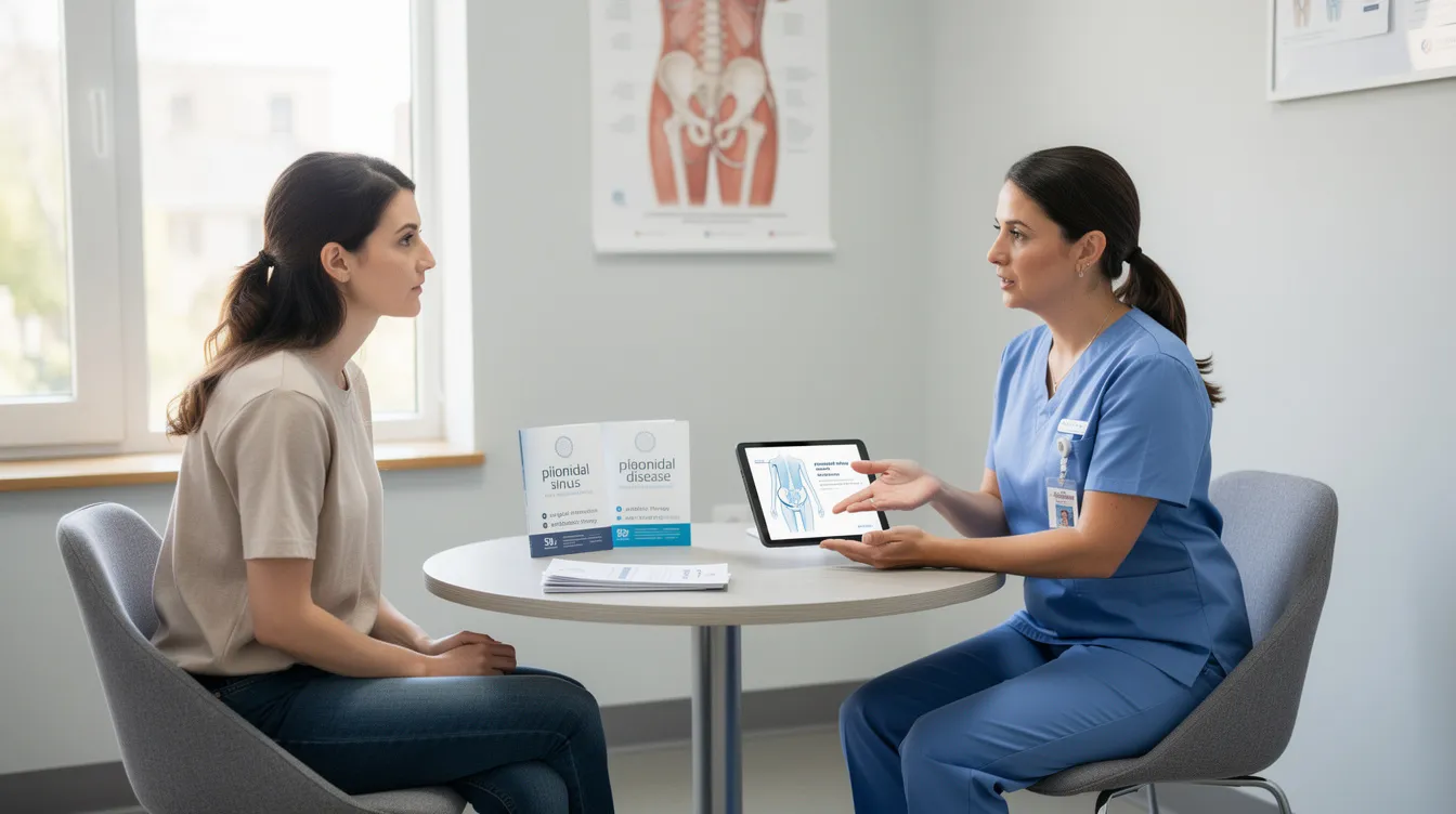 A medical professional is discussing treatment options for a young adult patient in a modern clinic, focusing on chronic pilonidal disease and possible interventions such as surgical excision or antibiotic treatment for recurrent infections. The supportive atmosphere emphasizes addressing issues related to pilonidal sinus and providing symptomatic relief.