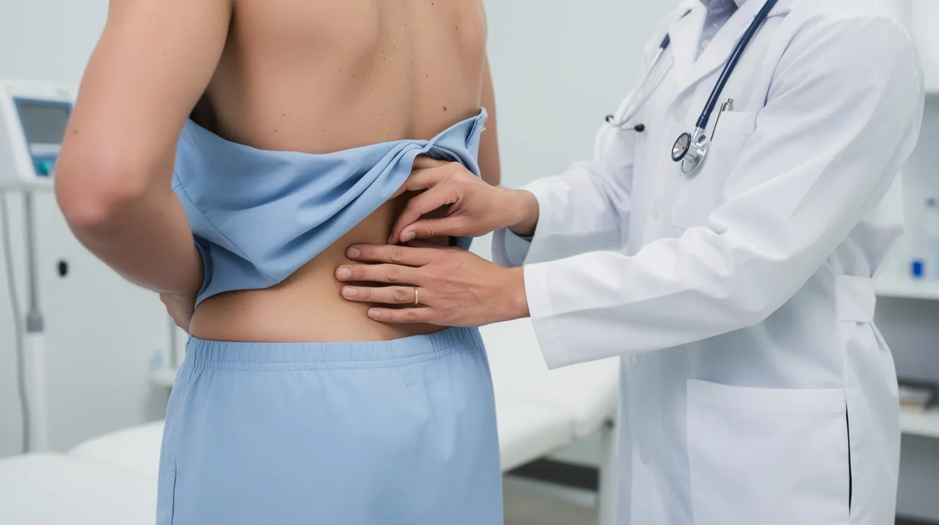 A medical professional is examining a patient's lower back area in a clinical setting, likely assessing for signs of pilonidal cysts or pilonidal disease. The examination focuses on the gluteal cleft, where issues such as ingrown hairs or skin infections may occur.