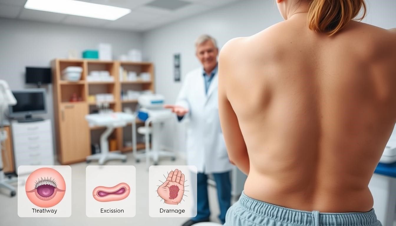 Woman's back examined by a doctor; possible scoliosis or curvature. Diagrams of bone conditions are displayed.