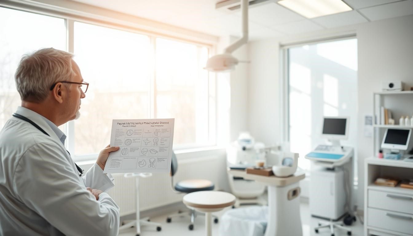 Doctor in a medical office, holding medical chart, looking at a sunny window.