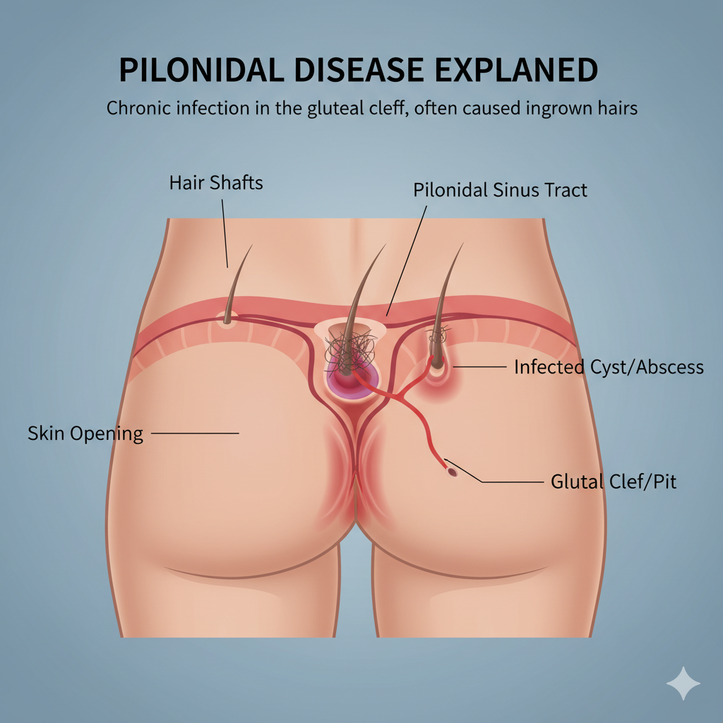 Illustration of a person's rear with a pilonidal cyst near the tailbone and a pilonidal dimple.