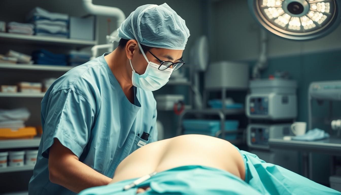 Surgeon in scrubs and mask leaning over a patient on an operating table in a surgical room.