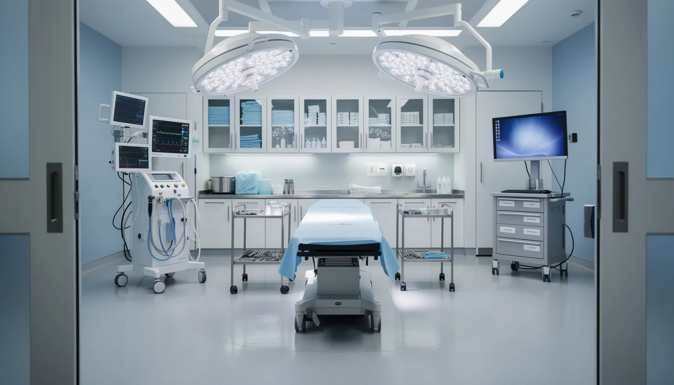 The image depicts a clean and modern surgical suite equipped with advanced medical instruments, ready for procedures such as treating pilonidal cysts. The sterile environment emphasizes the importance of surgical treatment in managing conditions like recurrent pilonidal disease and ensuring effective healing.