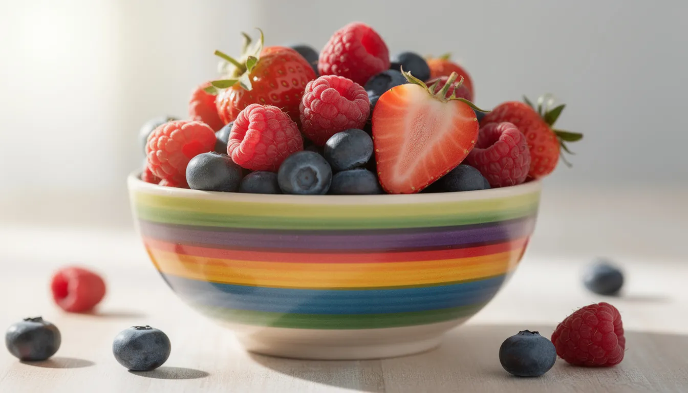 A vibrant bowl filled with an assortment of mixed berries, including plump blueberries, bright red raspberries, and juicy strawberries, showcases a healthy diet rich in essential nutrients and vitamin C, which can promote wound healing and support the immune system. This colorful mix is a delicious way to aid digestion and contribute to a balanced diet.