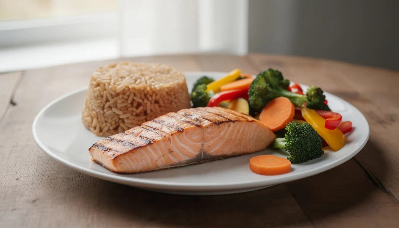 The image features a healthy dinner plate showcasing grilled salmon, brown rice, and a variety of colorful steamed vegetables, representing a balanced diet rich in essential nutrients that can promote wound healing and support a healthy lifestyle. This meal is ideal for those seeking to aid digestion and reduce inflammation, contributing to overall well-being.
