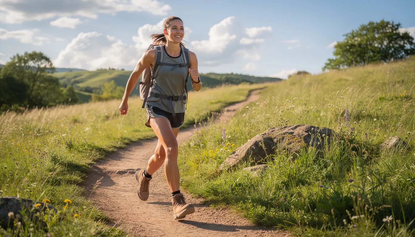 A healthy young adult is hiking outdoors on a sunny day, surrounded by lush greenery and a clear blue sky. This image promotes an active lifestyle, which can help prevent recurrence of conditions like pilonidal disease by encouraging movement and reducing prolonged sitting.
