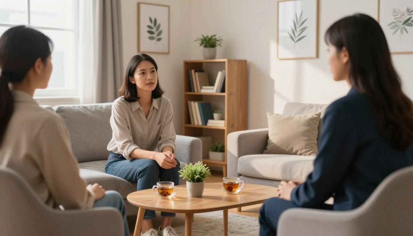Three people in a counseling session, seated in a living room. Two are listening to one, who is speaking.