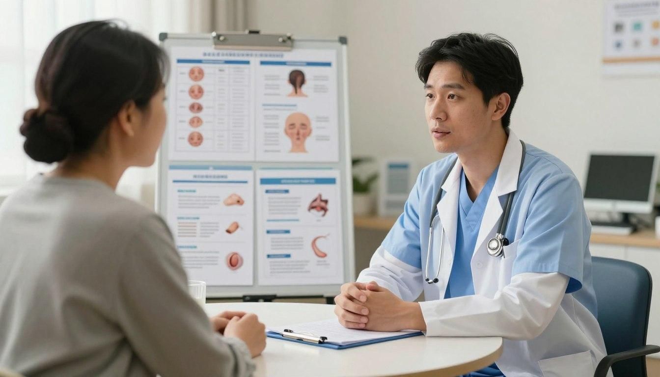 Doctor in scrubs consults with a patient at a desk; a chart is in the background.