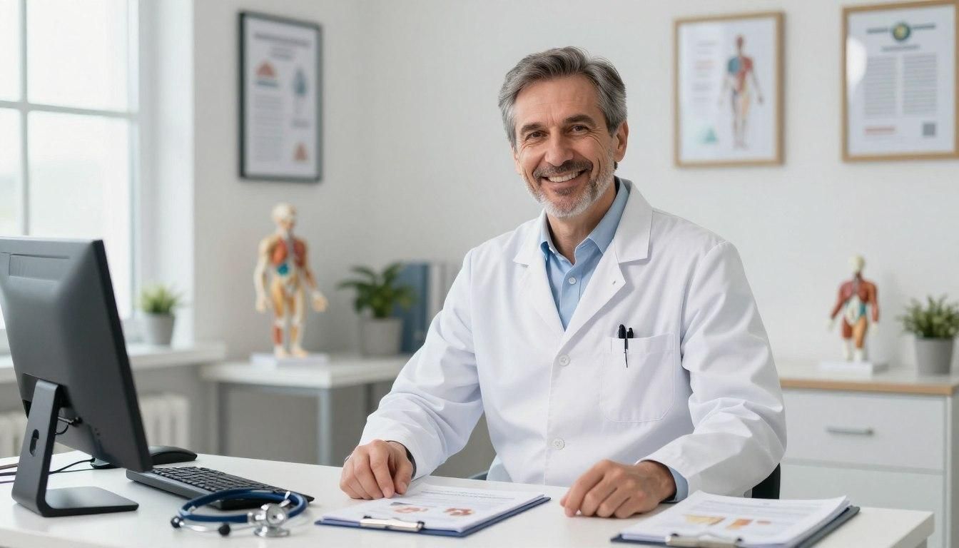 Doctor in white coat smiling at desk with computer and medical charts.