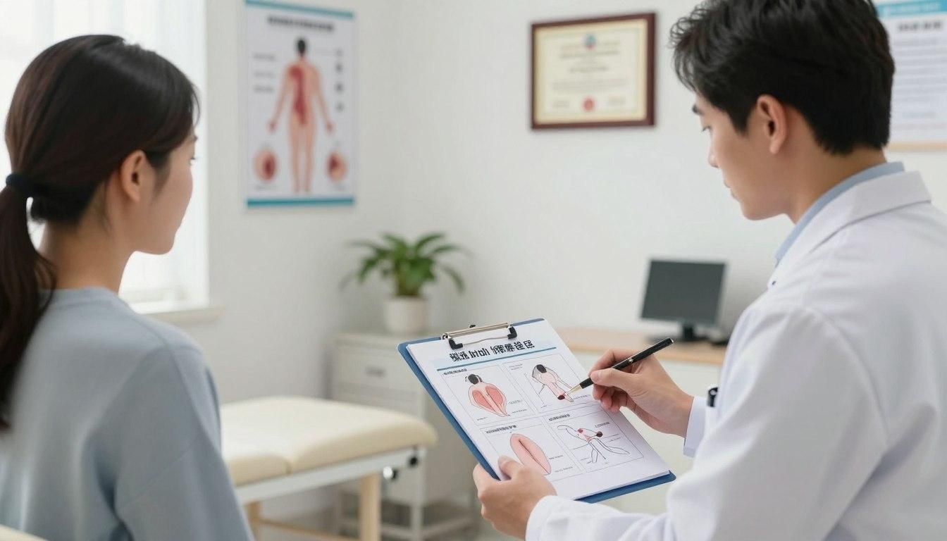 Doctor shows patient a medical chart in an office.