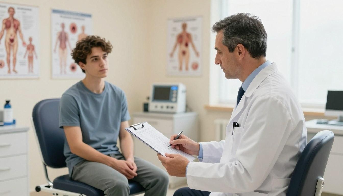 Teenager in a clinic consulting with a doctor who holds a clipboard, white coat. Background shows medical charts.