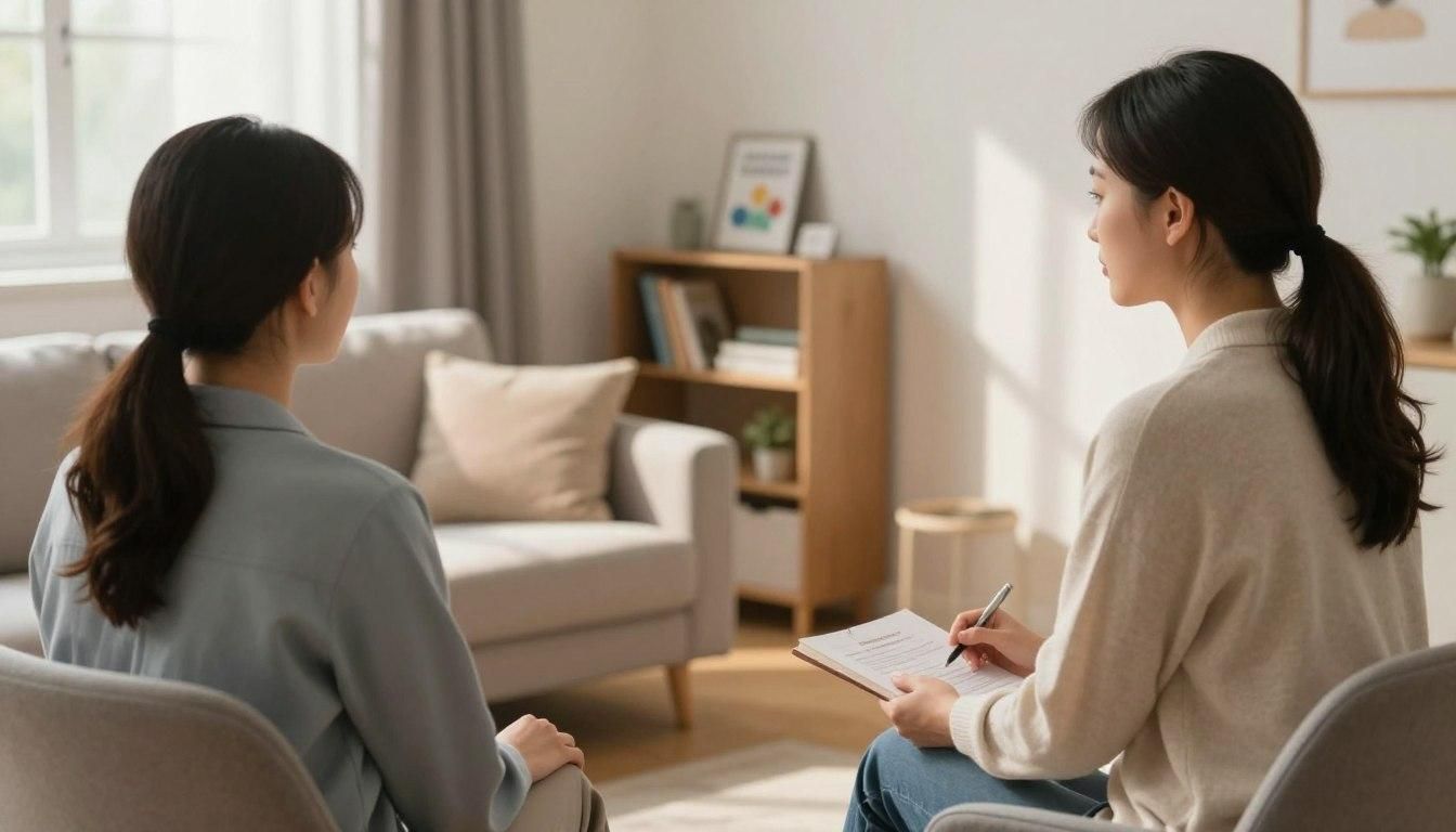 Two people in a therapy session. One person facing away, other writing on a clipboard. In a living room setting.