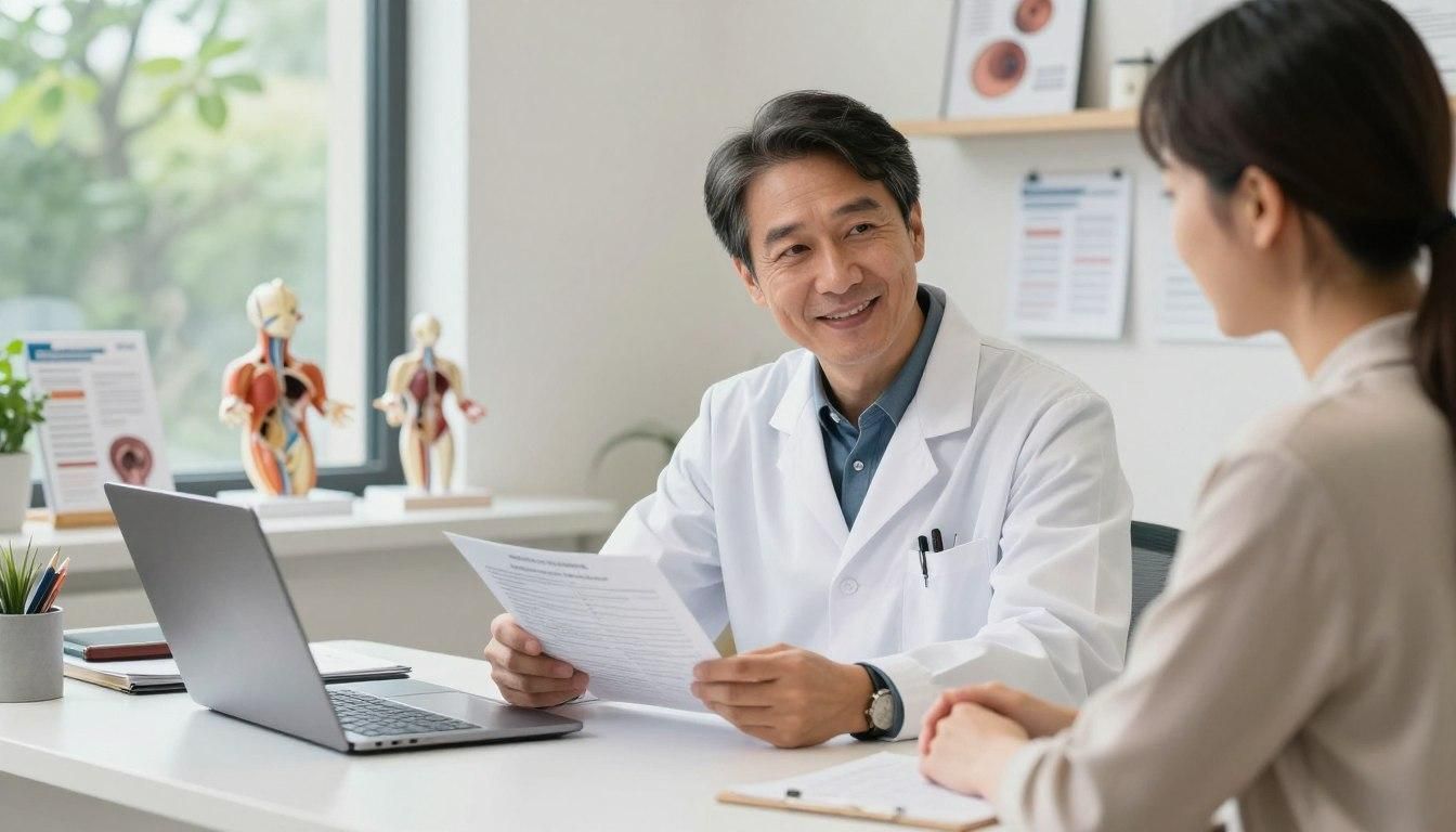 Doctor in white coat reviewing documents with a patient at a desk.